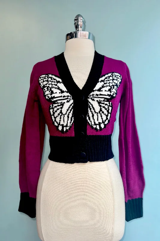 long cardigan camp layer -Magenta Butterfly Cropped Knit Cardigan