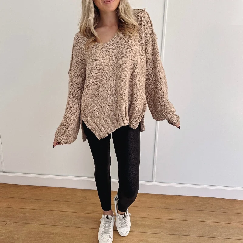 pullover sweater with bead studs -Marianne Balloon Sleeve Sweater - Taupe