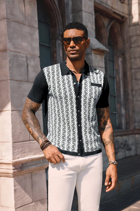 cardigan with agate trim -Men Contrast Color Cardigan Short Sleeve Lapel Collar Button-up Knitwear