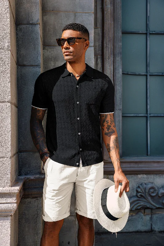 cardigan with spliced sleeves -Men's Polo Cardigan Shirt Short Sleeve Textured Button Down Knit Polo Shirts