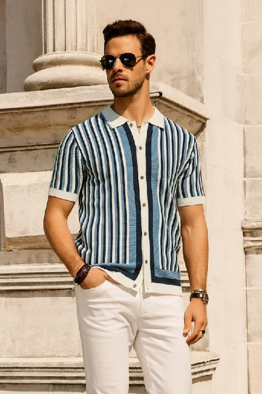 cropped cardigan desert vibe -Men's Striped Polo Shirts Breathable Knit Shirt 70s Vintage Cardigans Shirt Short Sleeve Button Down Casual Clothing