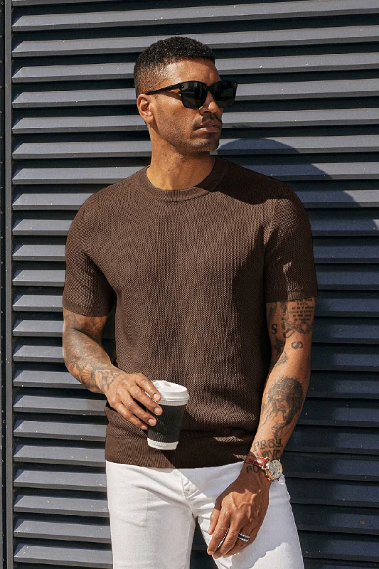 basalt pullover sweater dark shine -Men's T-Shirts Casual Knit Short Sleeve Crewneck Honeycomb Waffle Solid Knitted Pullover Tees