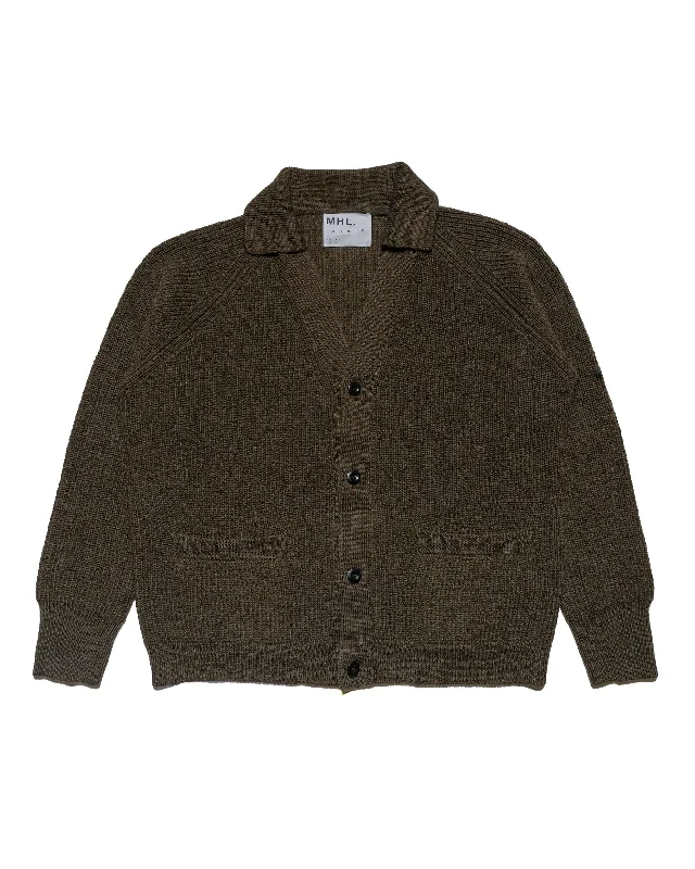 cardigan with shell clasps -MHL Collared Cardigan Virgin Wool Dark Olive