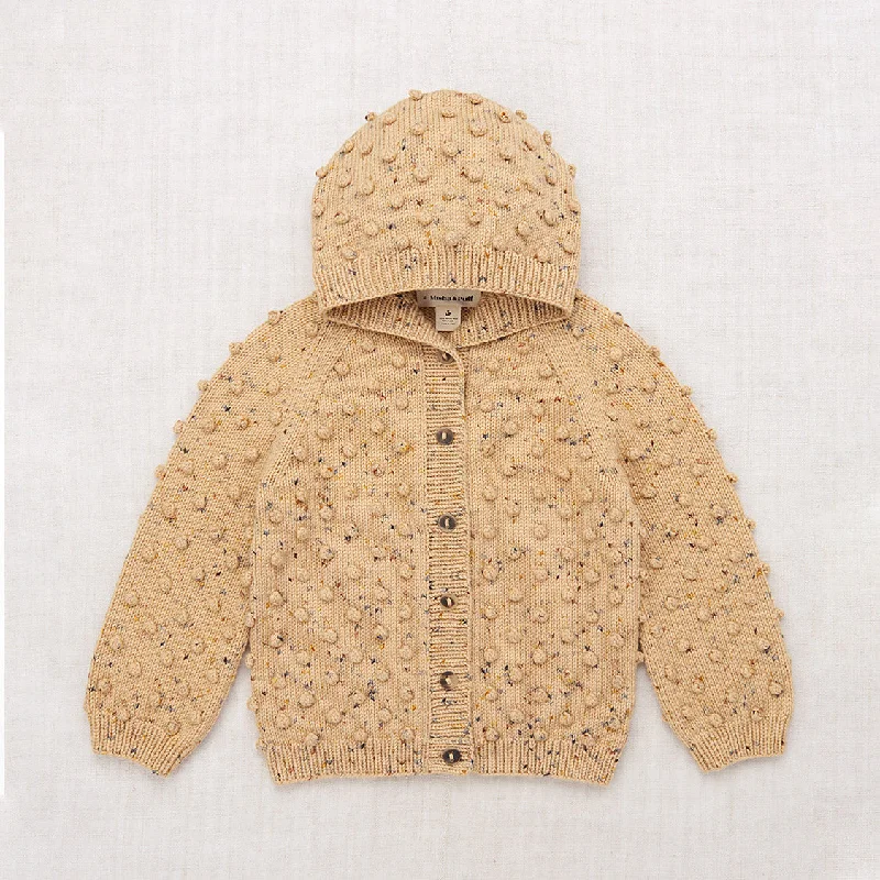 cardigan with shell clasps -Hand Knit Merino Wool Hooded Popcorn Cardigan - Camel Confetti