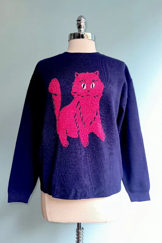 matte ash pullover sweater sleek -Navy Cat Print Sweater by Compania Fantastica