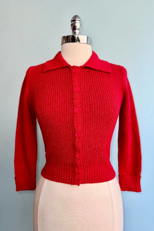 linen-tweed cardigan airy -Red Collared Cardigan by Collectif