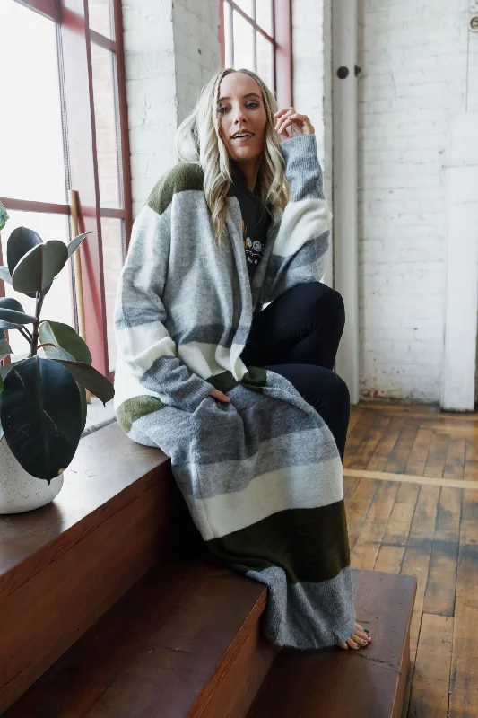 ribbed-canvas cardigan texture -The Nest So Cozy Oversized Striped Knit Duster - Olive Multi