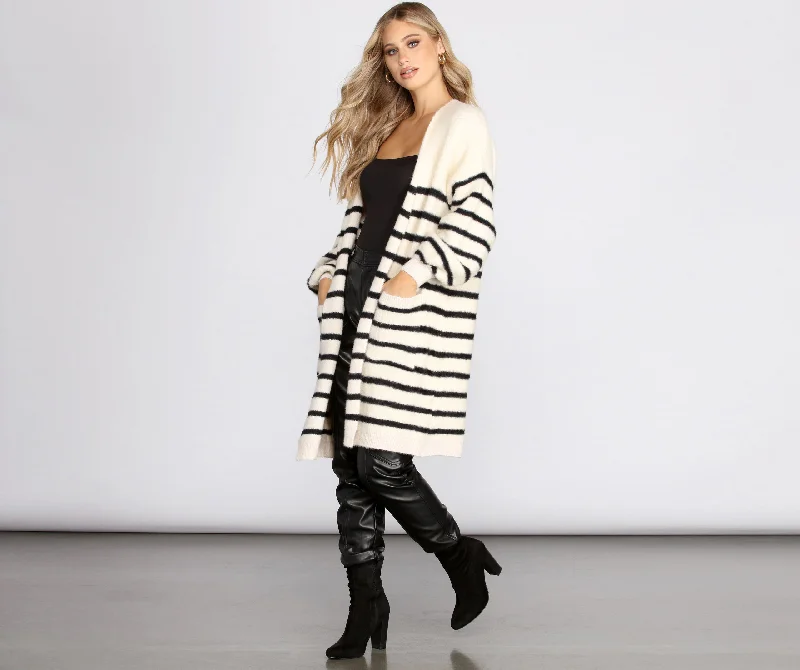 cardigan men trail splice -Striped Fuzzy Long Cardigan