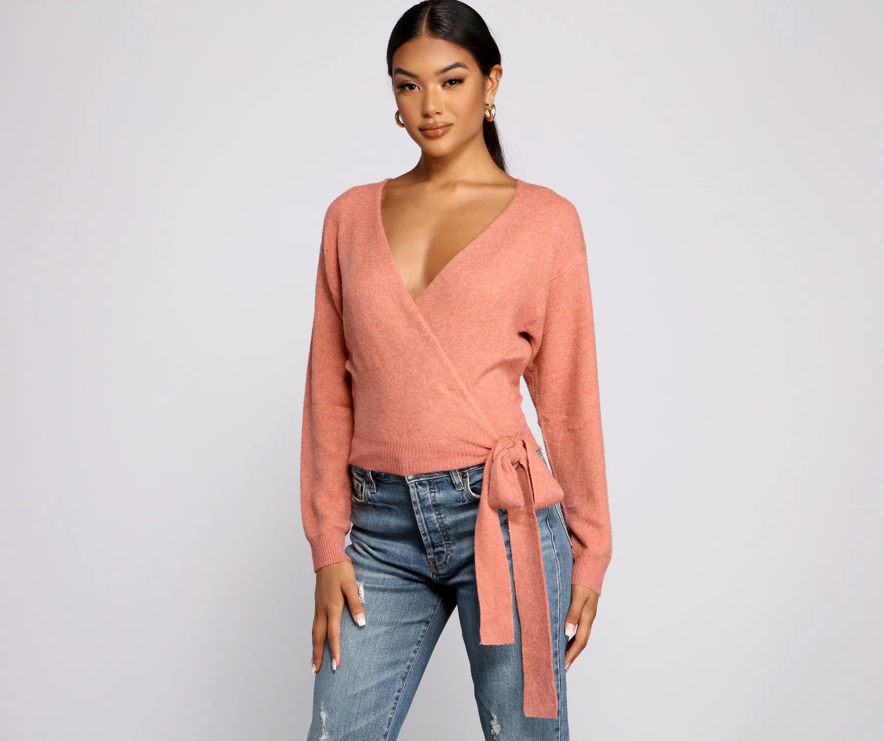 pullover sweater with agate studs -Surplice Sweetie Tie Waist Sweater