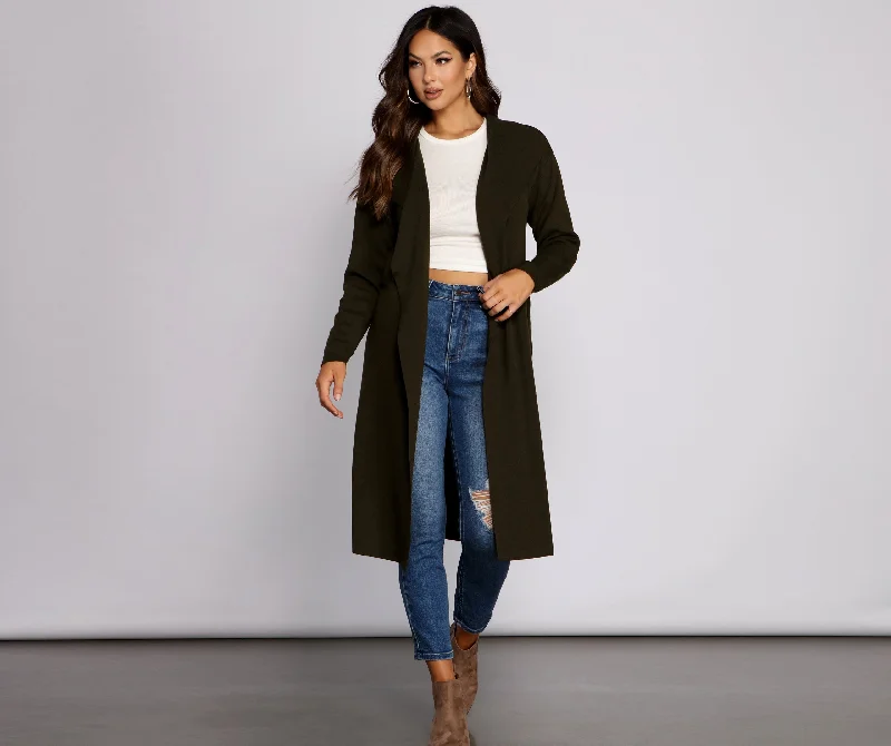 cardigan with shell clasps -Tie Waist Long Line Cardigan