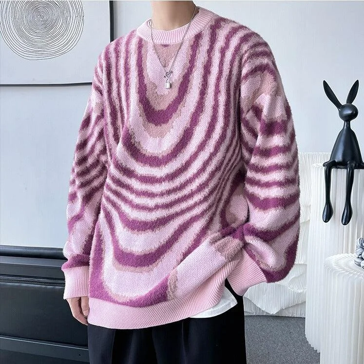 hemp-canvas pullover sweater eco -Y2K Wavy Striped Knitted Sweater