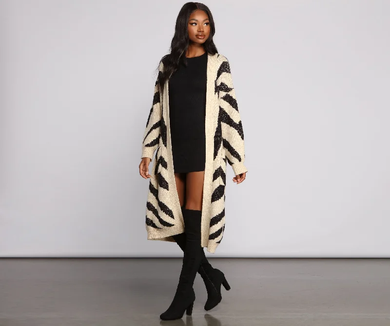 basalt cardigan dark sheen -Zebra Print Long Line Cardigan