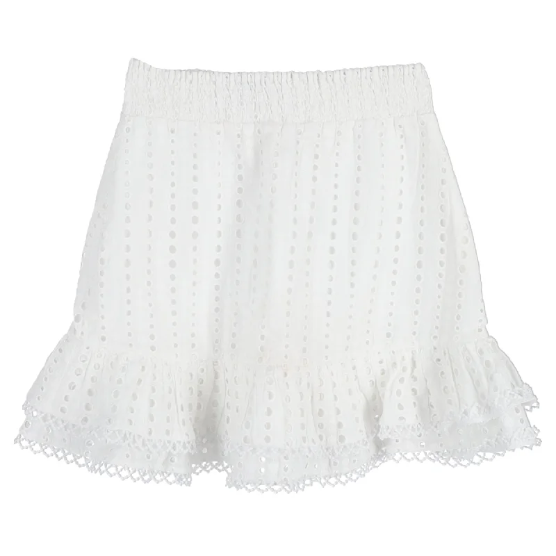 tie durable skirts -Charo Ruiz Ruffle Mini Skirt in White Embroidered Cotton