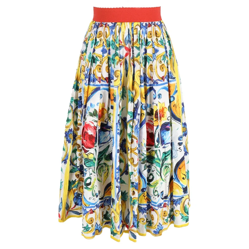 dip calm skirts -Dolce  & Gabbana Midi Pleated  Majolica Print Skirt in Multicolor in Cotton