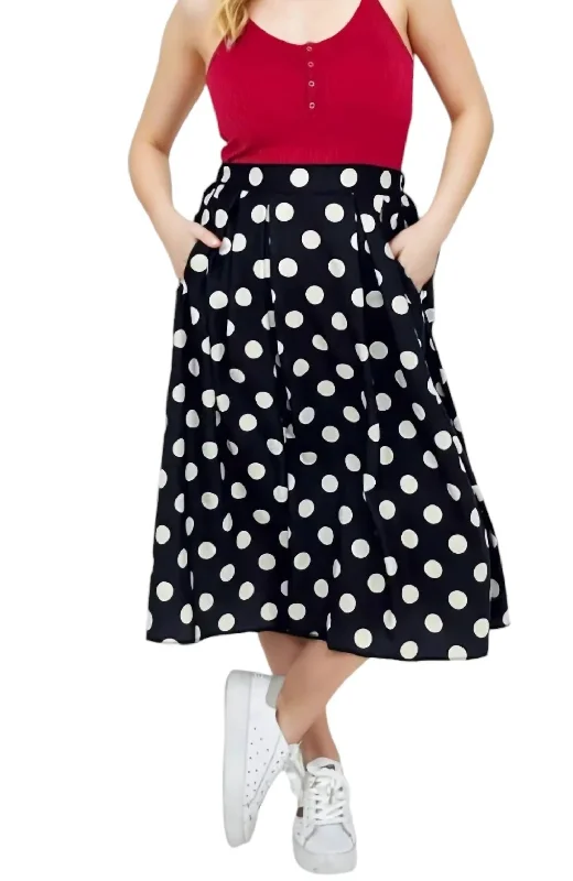 tan trim skirts -Polka Dot Pleated Midi Skirt In Black