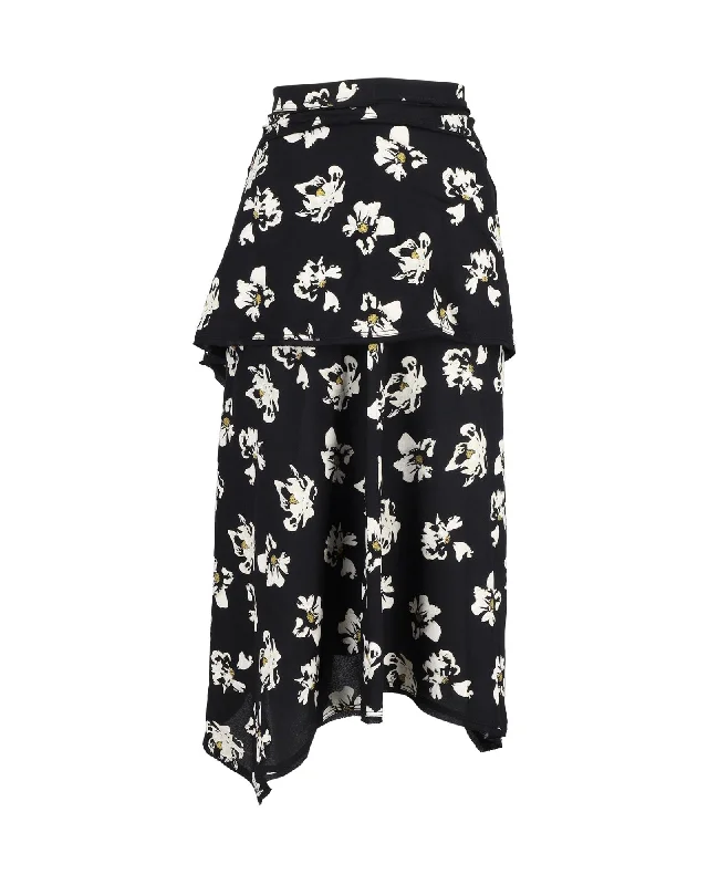 short flair skirts -Proenza Schouler Asymmetric Midi Skirt in Floral-Print Viscose