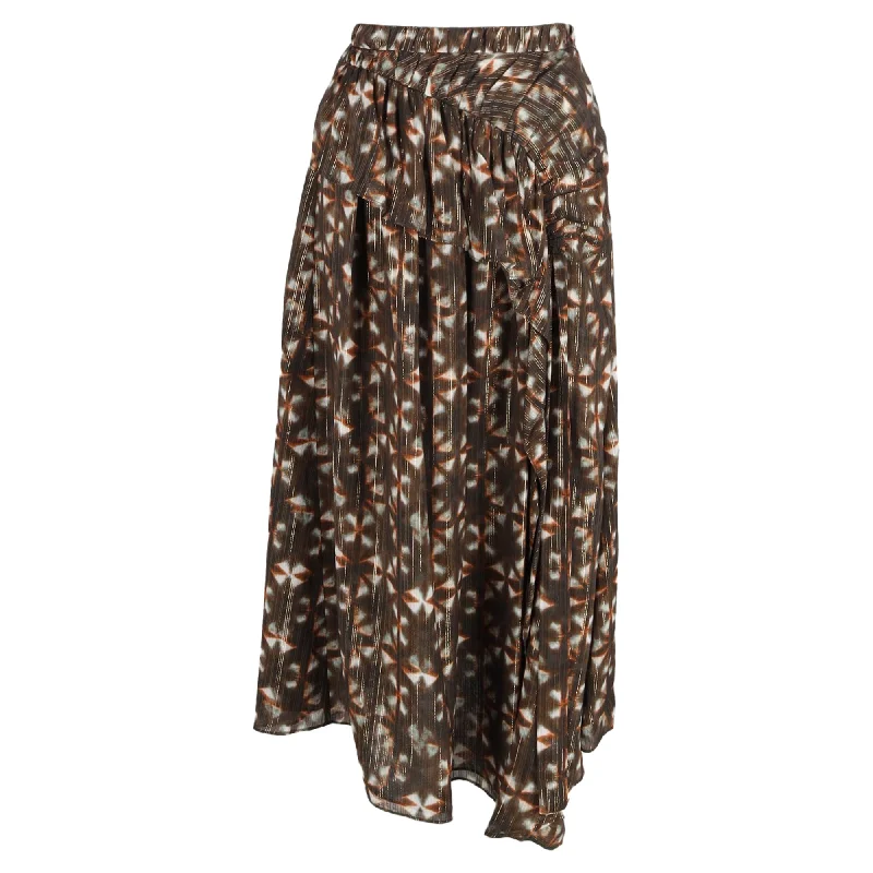 lilac cozy skirts -Ulla Johnson Midi Printed Ruffle Detail Skirt in Brown Polyester