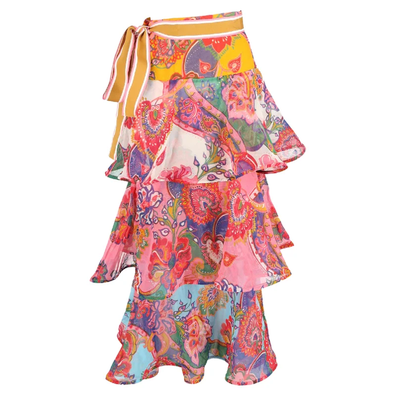 flap cozy skirts -Zimmermann Lovestruck Tiered Maxi Skirt in Multicolor Silk