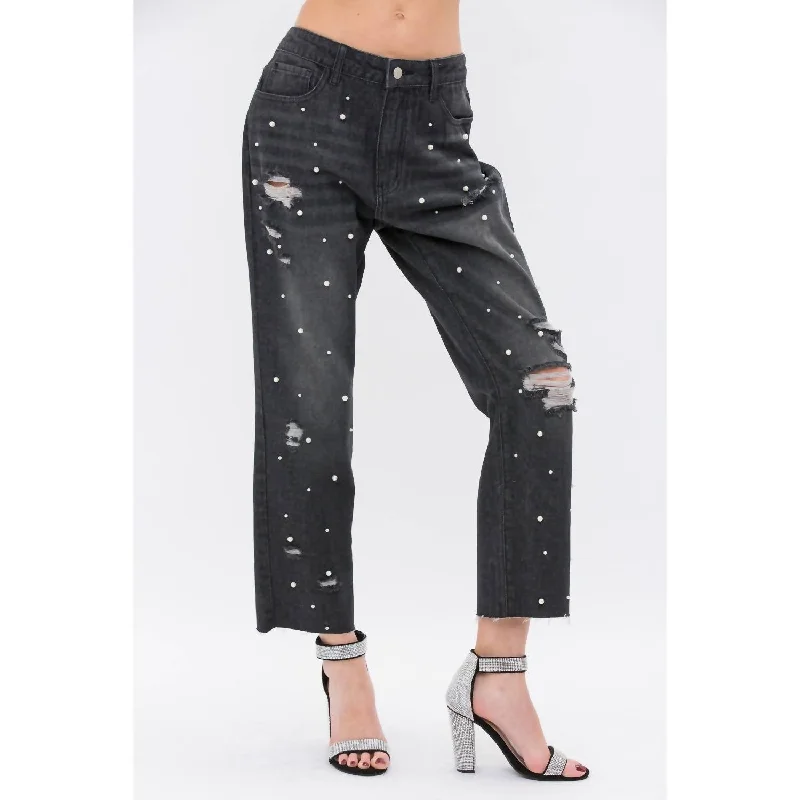 squad bold pants -Pearl Embellished Ripped Denim Jeans In Black