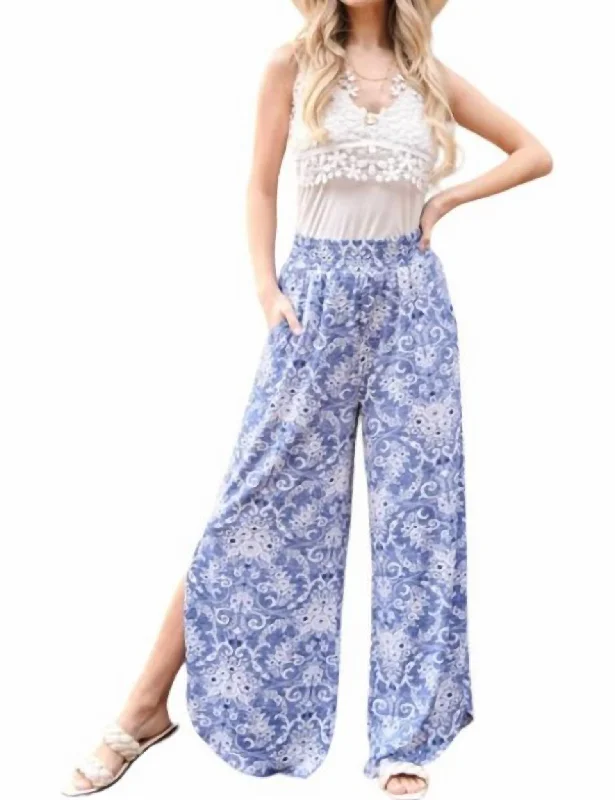 lilac shine pants -Smocked Floral Side Slit Pants In Blue