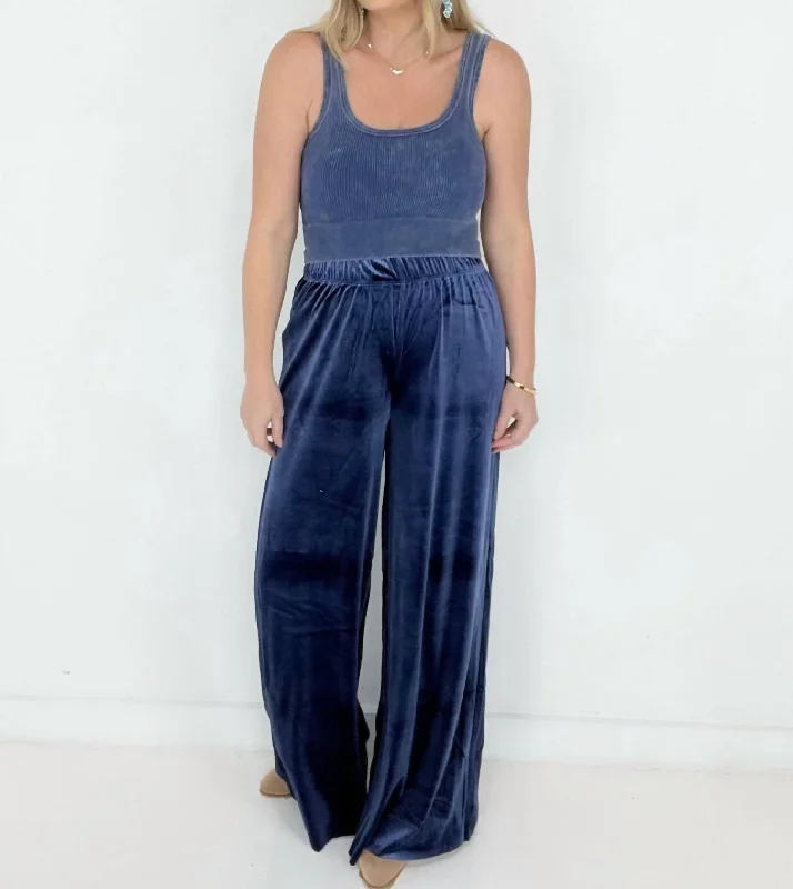 ruche flare pants -Velvet Wide Leg Pants In Navy