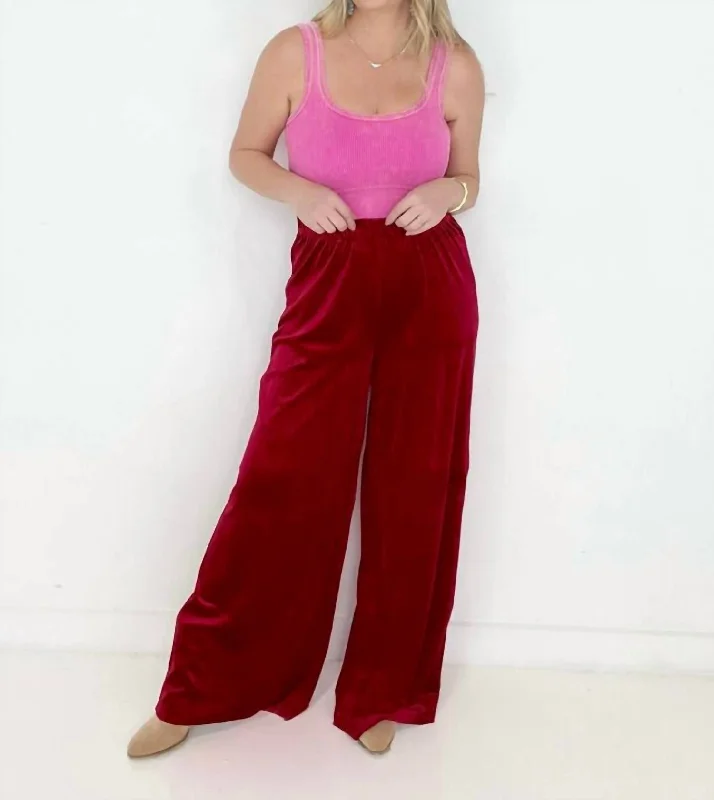 party striking pants -Velvet Wide Leg Pants In Red