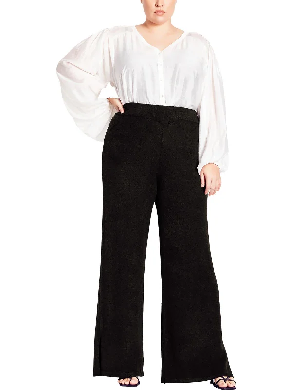 sharp check pants -Womens Split Hem Long Wide Leg Pants